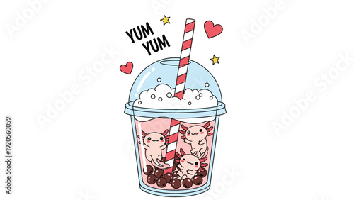 Cute pink axolotls swimming inside a bubble tea cup with chocolate boba pearls whipped cream and a red striped straw on white background.