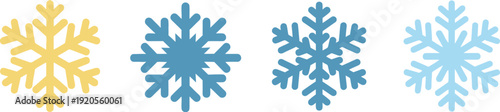 Four snowflakes in different shades of blue and yellow