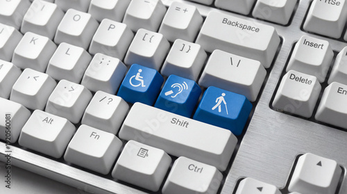 Close up of computer keyboard featuring blue accessibility keys with disability icons, symbolizing inclusive design, equal digital access, assistive technology, and user support.