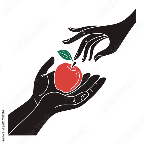 Two black silhouette hands one offering a red apple with green leaf