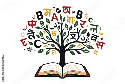 tree of languages and knowledge from an open book illustration