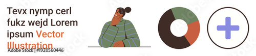 Business analytics, personal growth, data visualization, problem-solving, decision-making, teamwork. Woman thinking, a pie chart and a plus symbol. Data visualization and decision-making