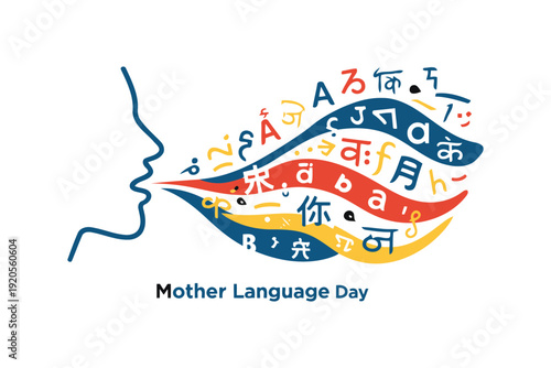 mother language day concept with diverse scripts emanating from mouth