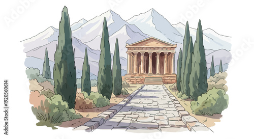 Watercolor painting of a classical temple nestled in a mountainous landscape