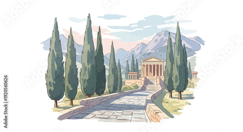 Watercolor illustration of a greek temple amidst cypress trees and mountains
