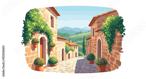 A quaint italian village street with stone buildings and lush greenery