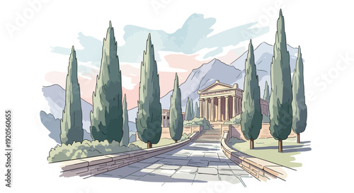 A picturesque illustration of a classical temple amidst cypress trees