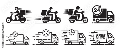 On-time courier delivery icons on scooter with timer symbols. vector illustration eps 10