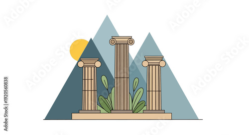 Stylized illustration of classical columns with mountains and a sun