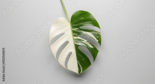 A close-up view of a heart-shaped monstera leaf with striking white variegation