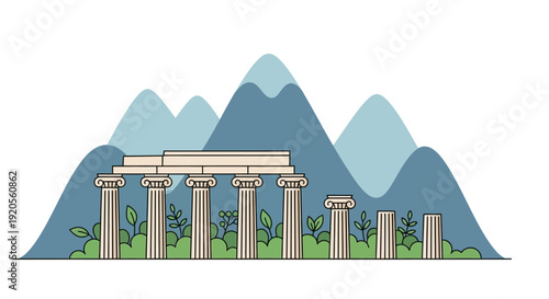 Stylized illustration of a classical temple against a mountainous backdrop
