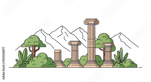 Ancient ruins with classical columns and mountainous landscape backdrop