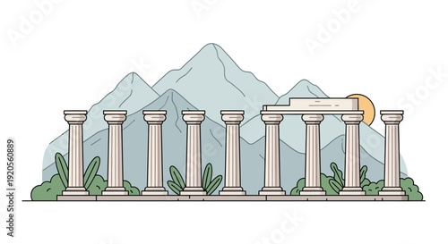 Stylized illustration of classical columns with mountains and a setting sun