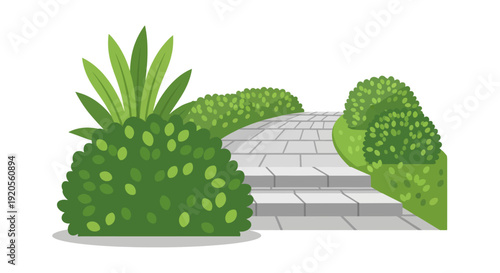 A charming garden pathway leads through lush green shrubbery and foliage