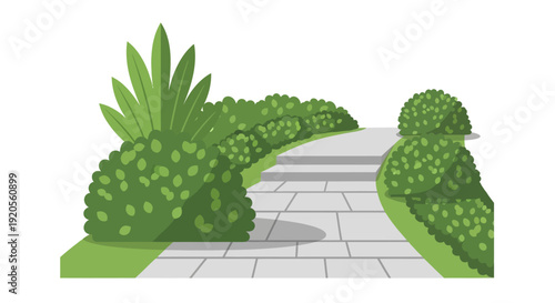 A cartoon illustration depicting a landscaped garden pathway with trimmed shrubs