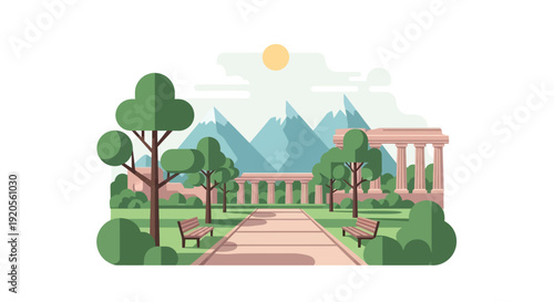 A serene landscape illustration featuring mountains trees and classical ruins