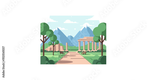 Scenic landscape featuring classical ruins trees and distant mountains