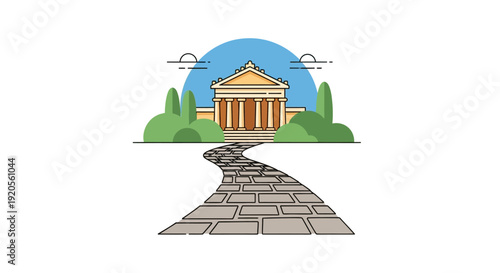 Stylized illustration of a classical building with a winding pathway