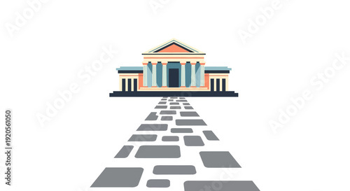 Stylized illustration of a classical building with a pathway approach