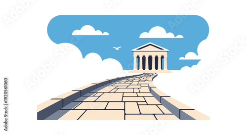 A classical building sits at the end of a long stone pathway