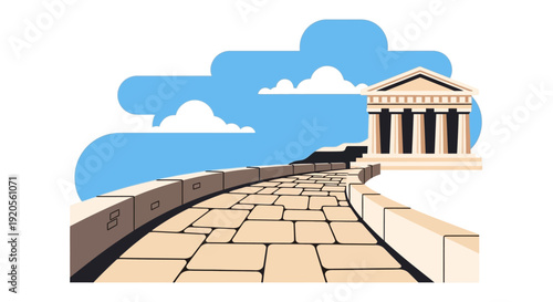 A stylized illustration depicts a pathway leading to a classical building