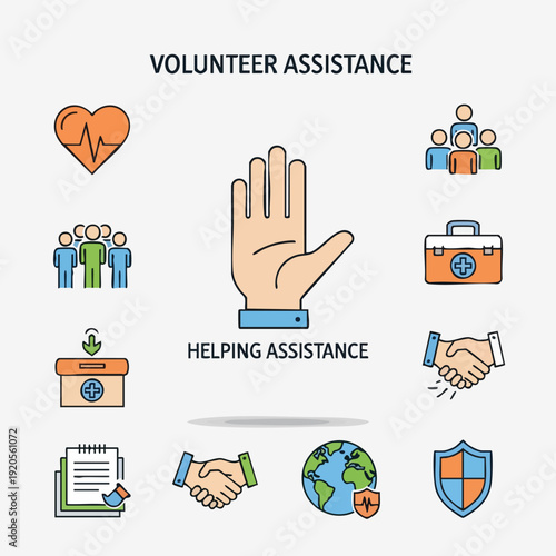 Charity and Donation icon set illustrating volunteer assistance with helping hands and support symbols for community service and aid