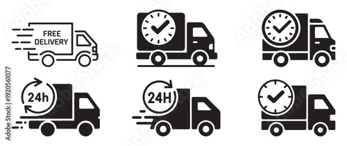 24 hour delivery service icon set with truck and clock symbols. Vector illustration eps 10