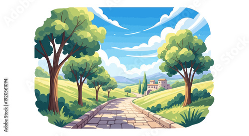 A picturesque landscape featuring a winding road and tuscan style buildings