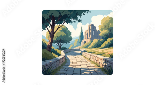 A picturesque stone pathway leads to an ancient building amidst lush greenery