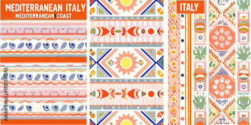 Colorful mediterranean italy pattern with geometric shapes and coastal motifs