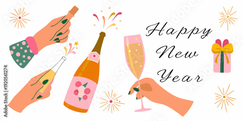Celebratory new year illustration with champagne hands and festive elements