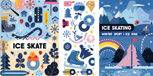Colorful winter pattern featuring ice skates mountains and snowflakes