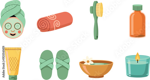Spa wellness icon set with facial treatment towel massage oil candle and skincare vector illustration