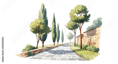 Watercolor painting of a sunlit cobblestone road through italian countryside