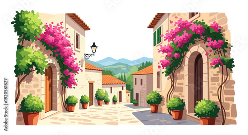 A charming illustration of a colorful mediterranean village street scene
