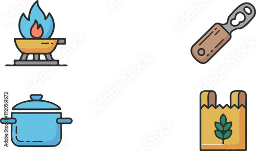 Colorful gas stove and pot vector illustration with vibrant flame and cooking theme flat design