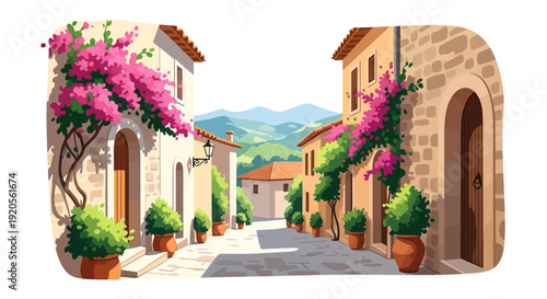 A picturesque mediterranean street scene with vibrant bougainvillea and stone buildings
