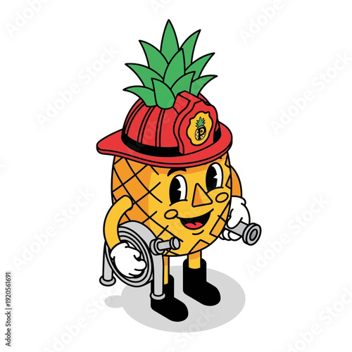 Cartoon Pineapple Firefighter Holding Hose and Nozzle.