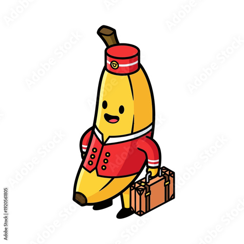 Cute cartoon banana character dressed as a hotel bellhop carrying a suitcase.