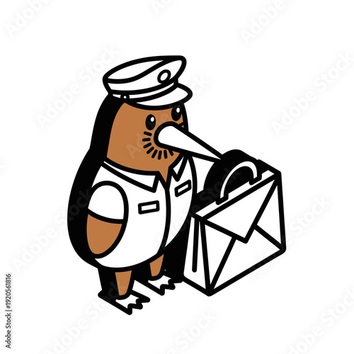 Cute Cartoon Kiwi Bird Postman Delivering Mail.