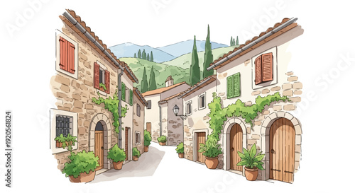 Watercolor illustration of a charming narrow street in a mediterranean town