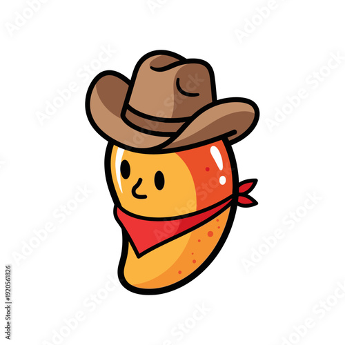 Cute Cartoon Mango Wearing Cowboy Hat and Bandana.