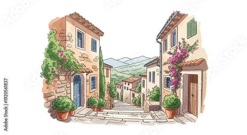 A watercolor illustration of a quaint winding street in a hillside town