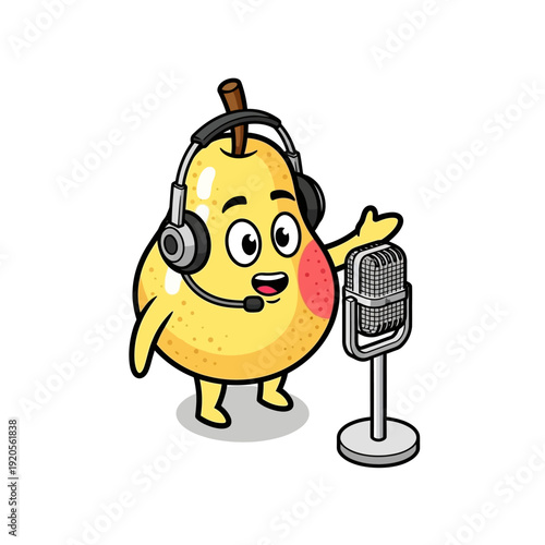Cute Cartoon Pear Character as a Podcaster or Radio Host.