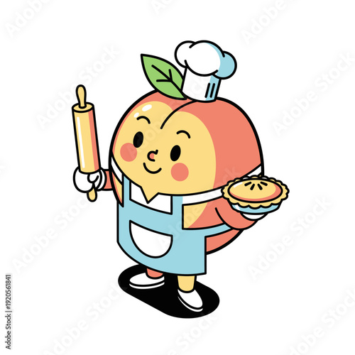 Cute Cartoon Peach Baker Holding Rolling Pin and Freshly Baked Pie.