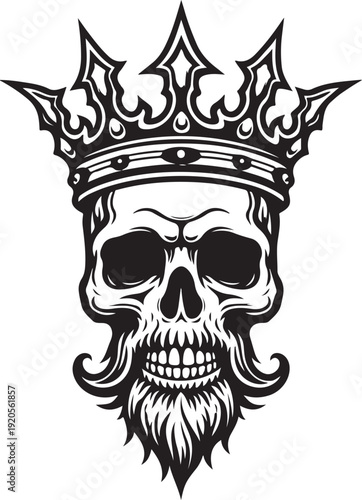 Royal Skull King with Crown and Ornate Beard Design