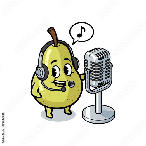 Cute Pear Character Podcasting with Microphone and Headphones.