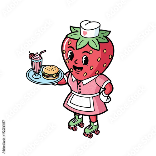 Cute Strawberry Waitress on Roller Skates Serving Milkshake and Burger.
