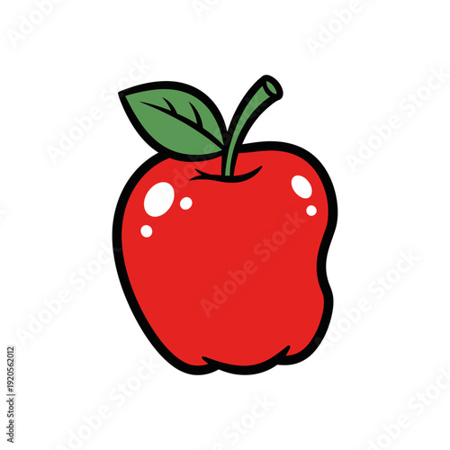 Vibrant Red Apple with Green Leaf Cartoon Illustration.