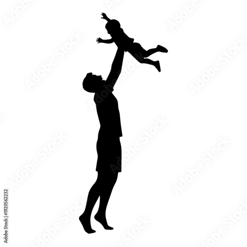 Black silhouette of a father lifting his child in the air, showing family love.